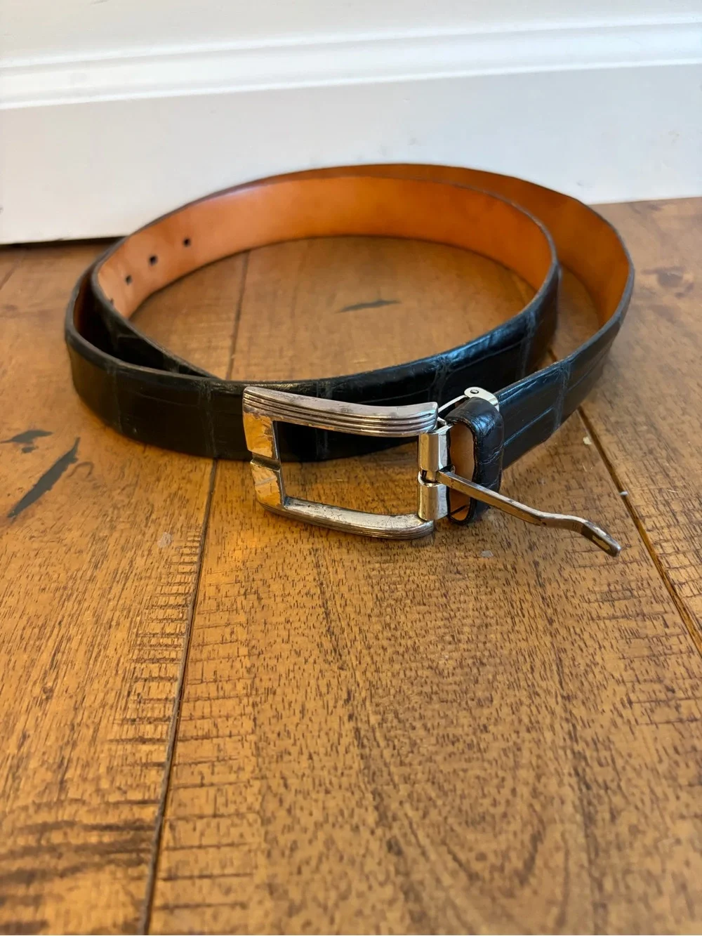 Martin Dingman Leather Belt Alligator Grain Black Brass Buckle Sz Approx 40